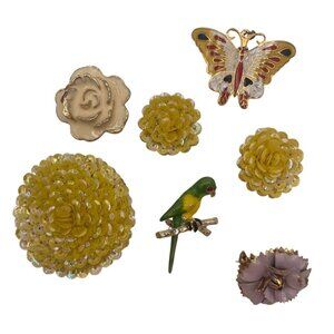 Vintage Enamel Sequin Brooch Clip-On Earring Lot Butterfly Floral & Parrot
